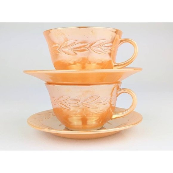 Luster Peach Cup and Saucer Set Vintage Orange Coffee Tea Cup & Saucer Fire King - Picture 4 of 10